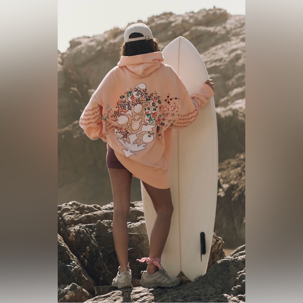 NWT Free People Movement At My Best Embroidered Hoodie In Pastel Peach Combo